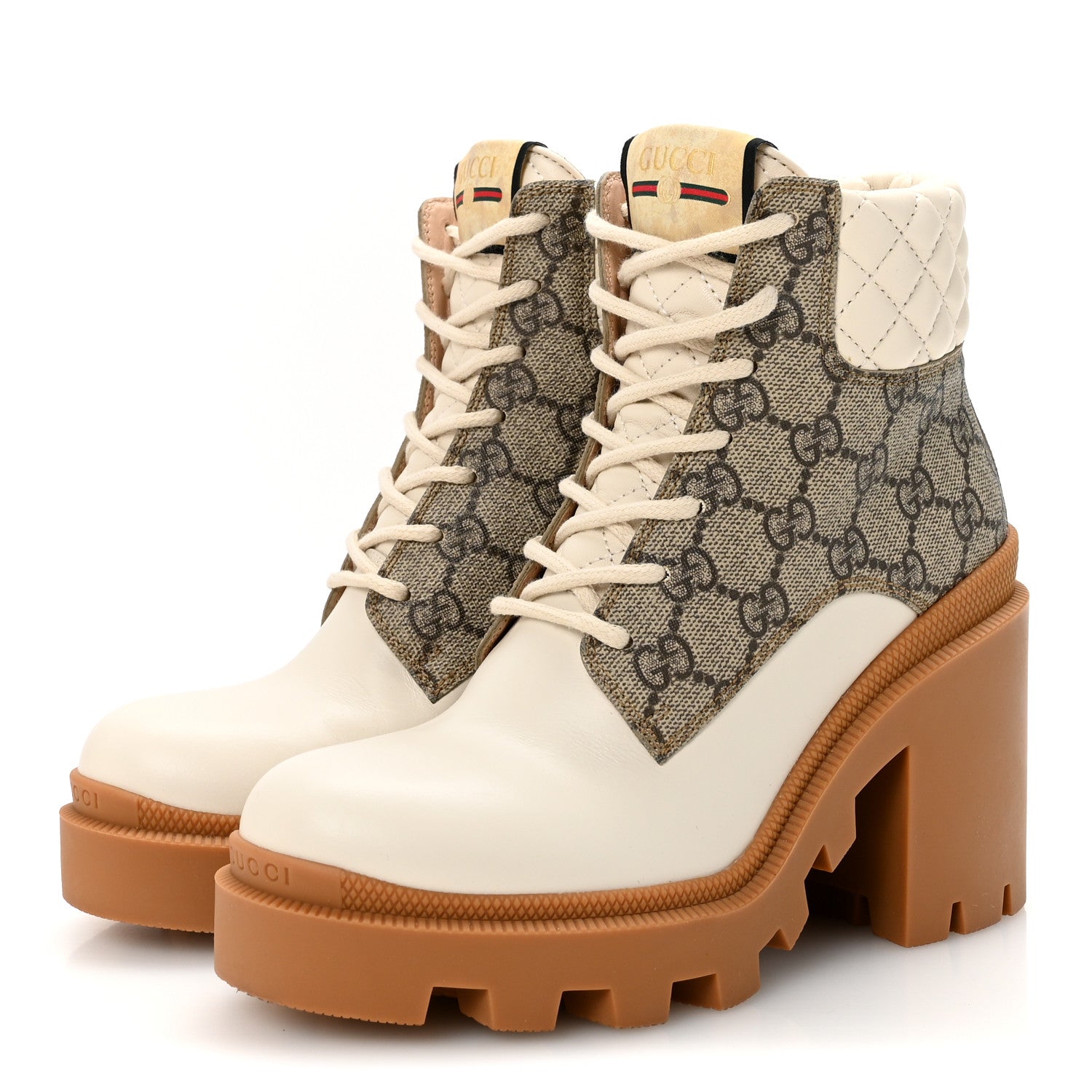 Gucci Apollo Calfskin GG Supreme Nappa Samoa Quilted Lace Up Ankle Boots 36.5 Mystic White Beige Ebony 4 of 9