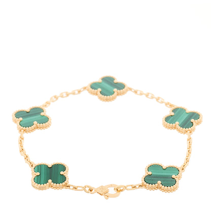 Van Cleef & Arpels 18K Yellow Gold Malachite 5 Motifs Vintage Alhambra Bracelet 2 of 5