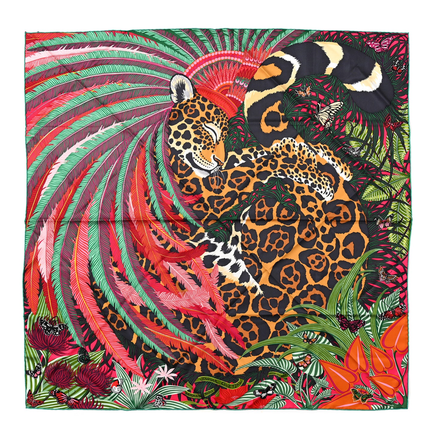 Silk Jaguar Quetzal Scarf 90 Rose Vert Camel