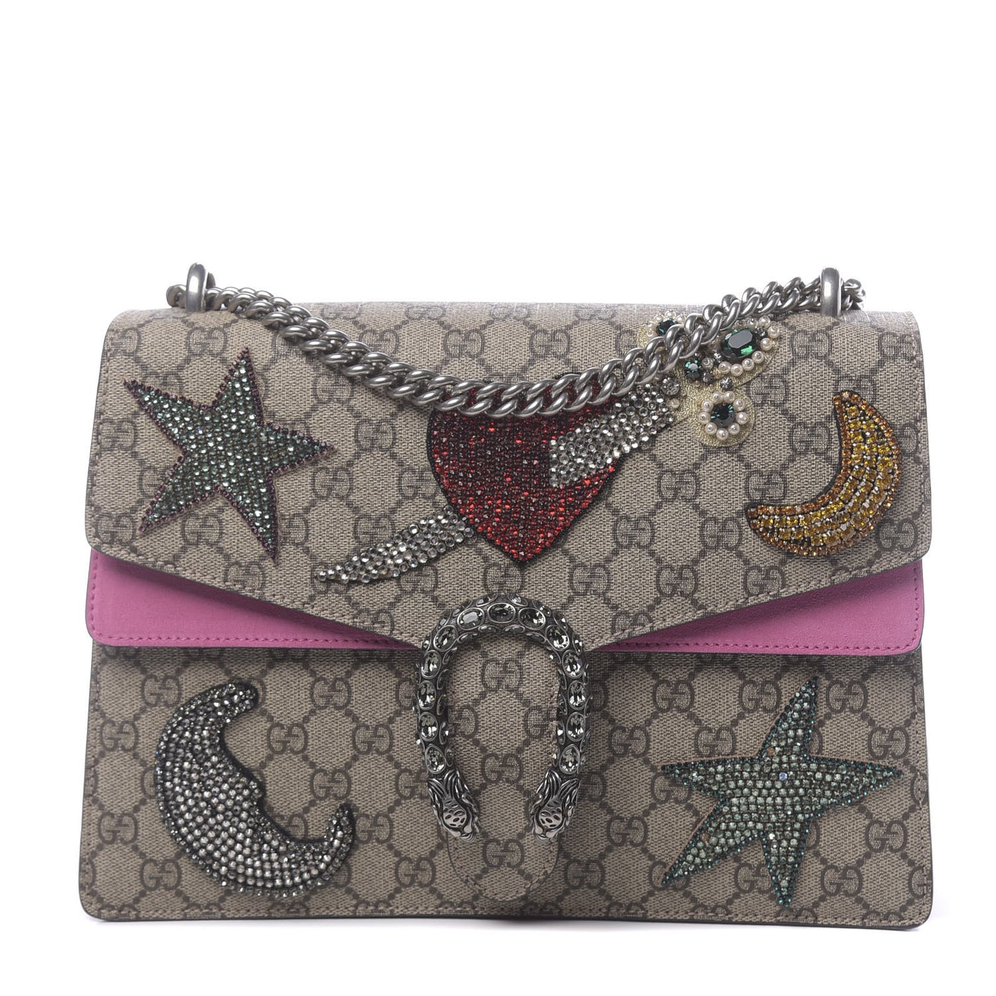 GG Supreme Monogram Suede Pierced Heart Embroidered Medium Dionysus Shoulder Bag Beige Ebony Pink Tropical Flower