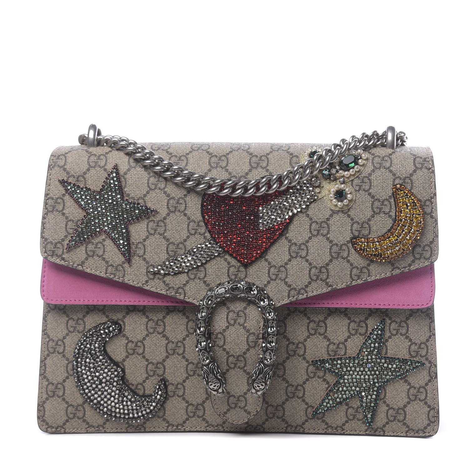 Gucci GG Supreme Monogram Suede Pierced Heart Embroidered Medium Dionysus Shoulder Bag Beige Ebony Pink Tropical Flower 1 of 18