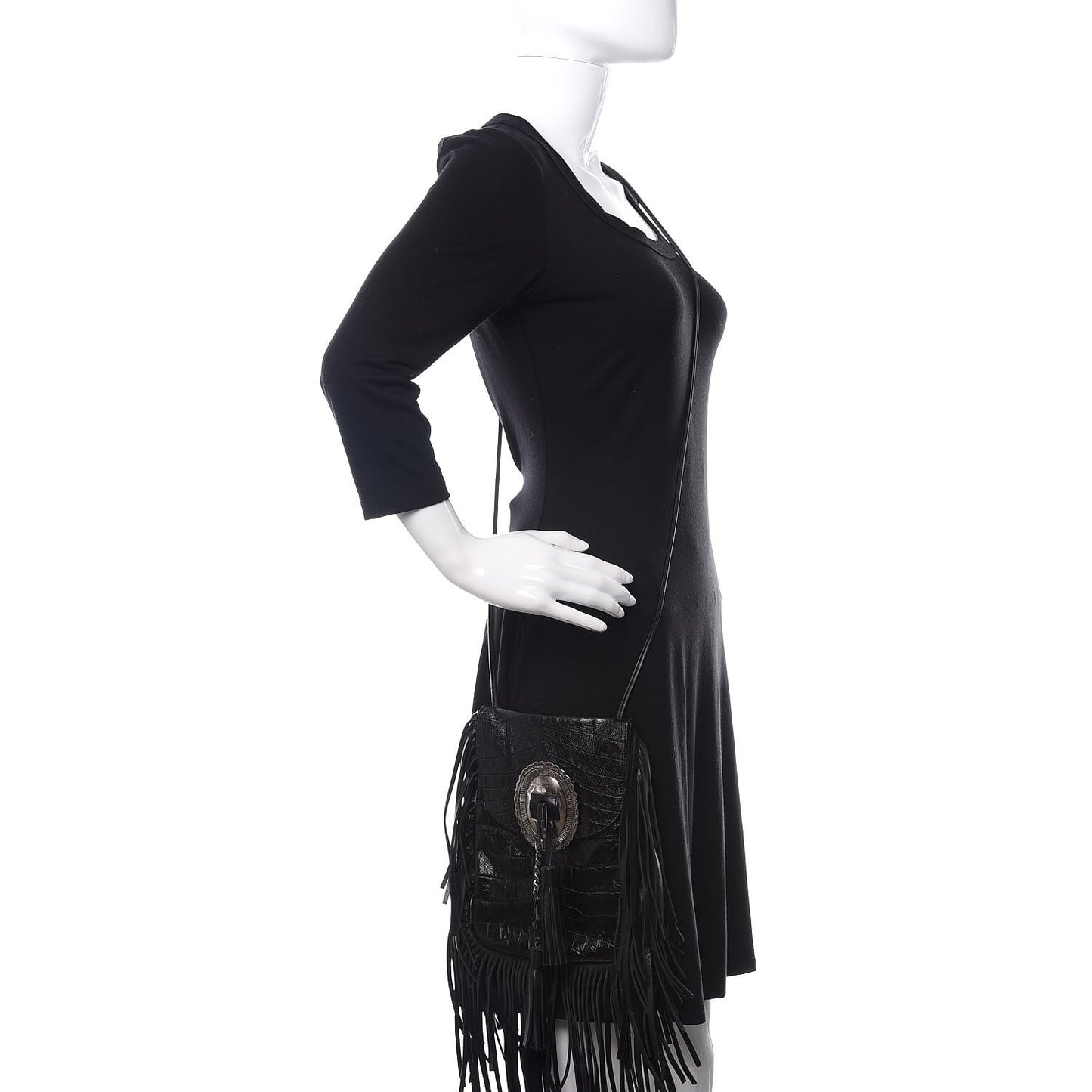 Calfskin Crocodile Embossed Anita Tassed Crossbody Bag Black