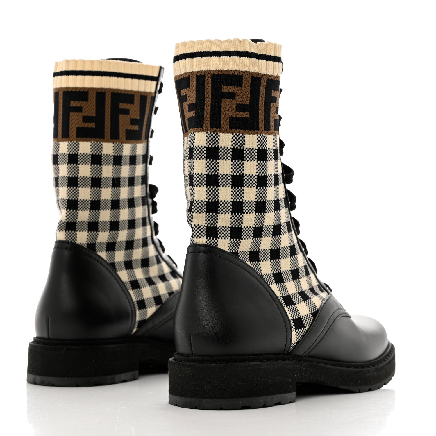 Fendi Vitello Stretch Fabric FF Vichy Rockoko Biker Boots 37 Black Crema Tobacco 4 of 8