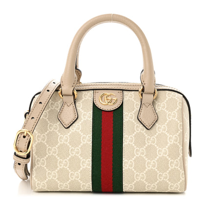 Gucci GG Supreme Monogram Textured Dollar Calfskin Web Mini Ophidia Top Handle Bag Beige Mystic White Oatmeal 1 of 10