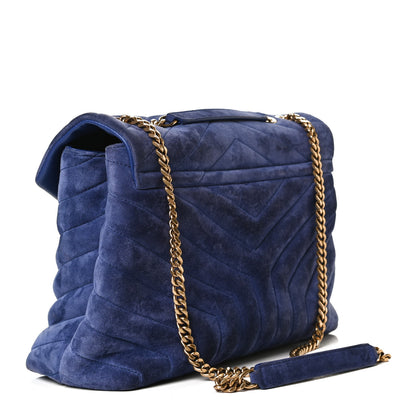 Saint Laurent Suede Y Quilted Monogram Medium Loulou Chain Satchel Blue 3 of 17