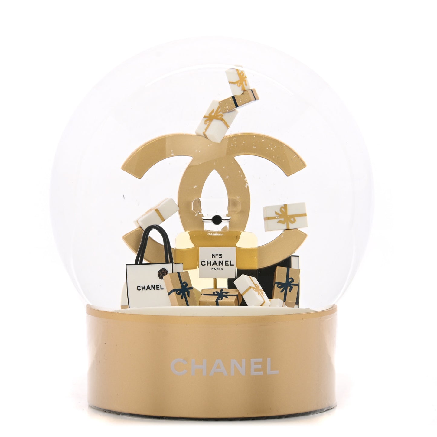 Glass CC Shopping Bag Snow Globe Gold