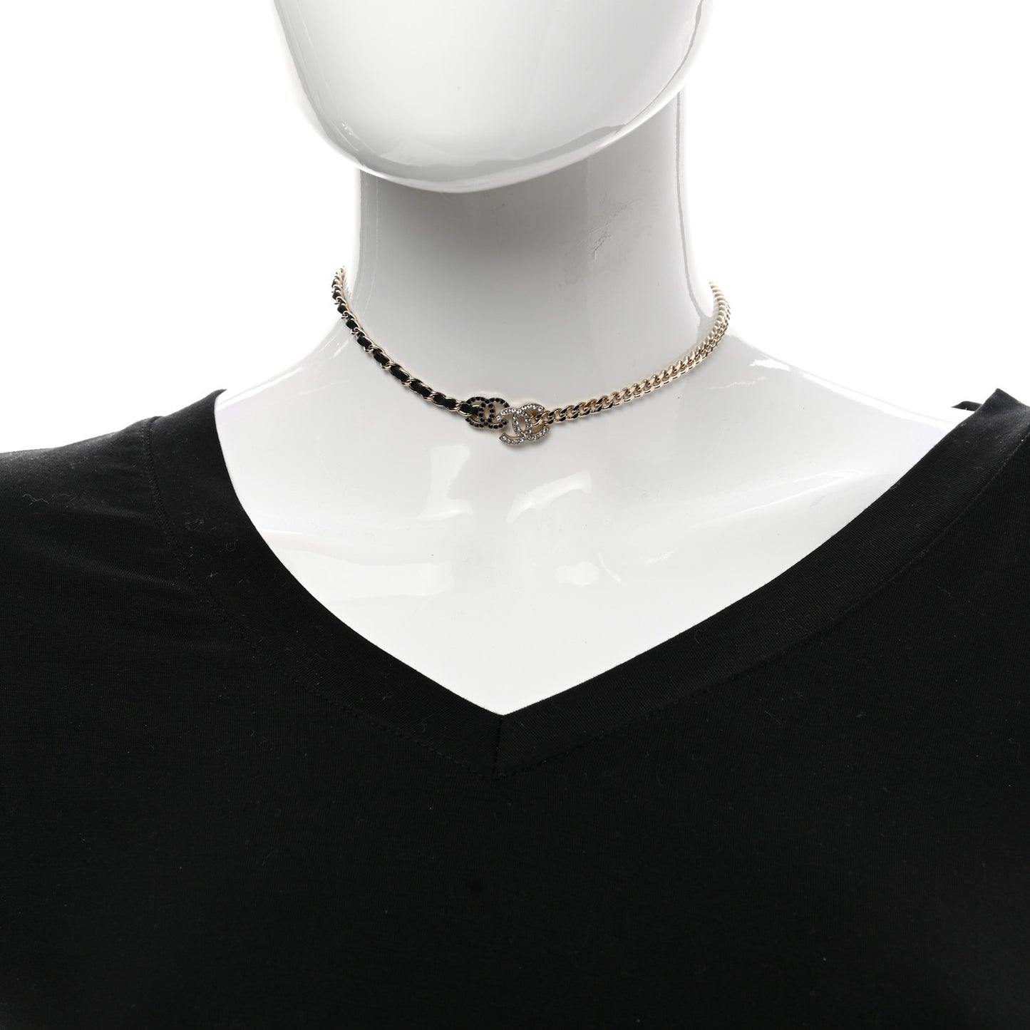 Metal Lambskin Crystal Double CC Short Necklace Black Gold
