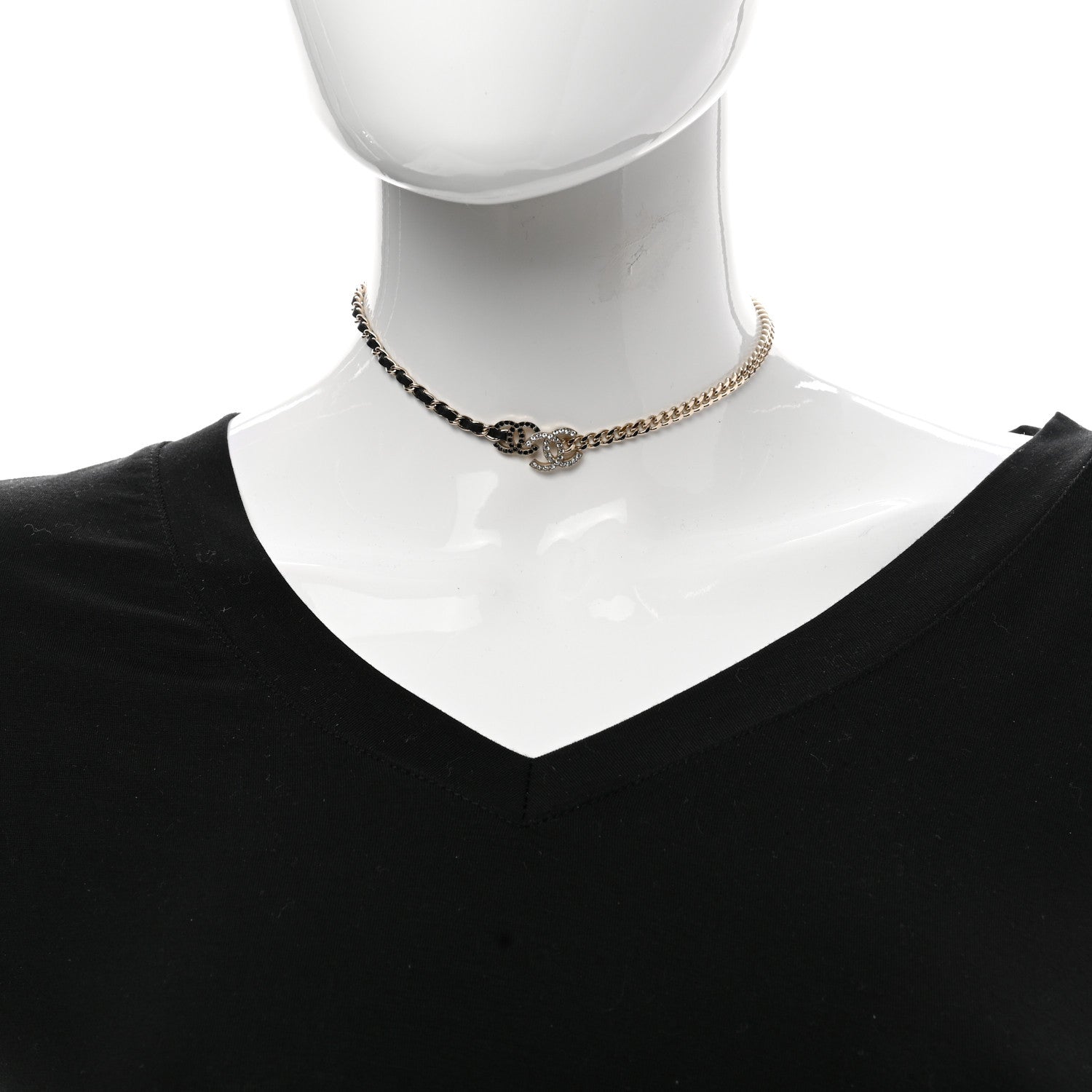 Chanel Metal Lambskin Crystal Double CC Short Necklace Black Gold 1 of 5