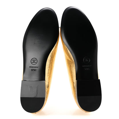 Chanel Metallic Crackled Laminated Calfskin CC Cap Toe Ballerina Flats 37.5 Gold Silver 6 of 11