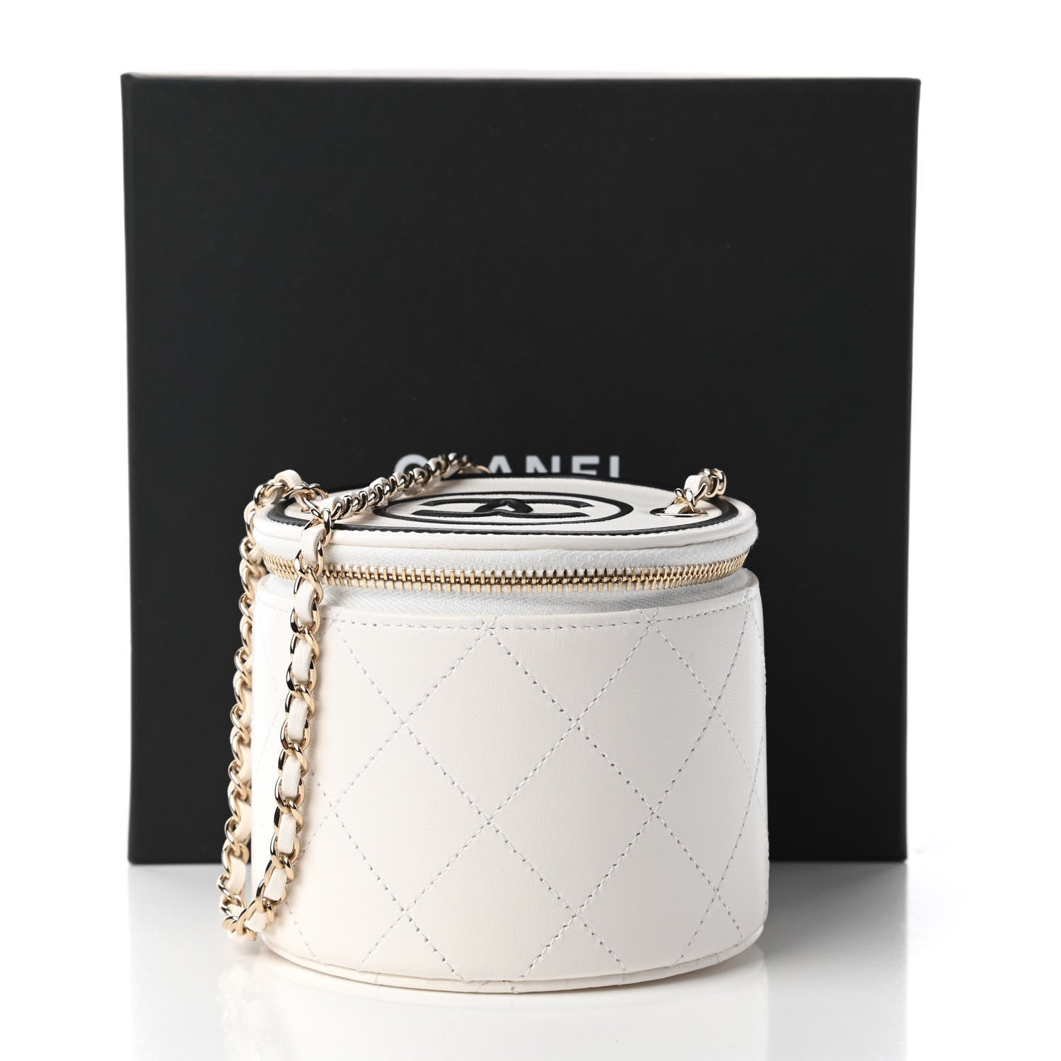 Chanel Lambskin Quilted Round Small Vanity Case With Chain White Black 11 of 11