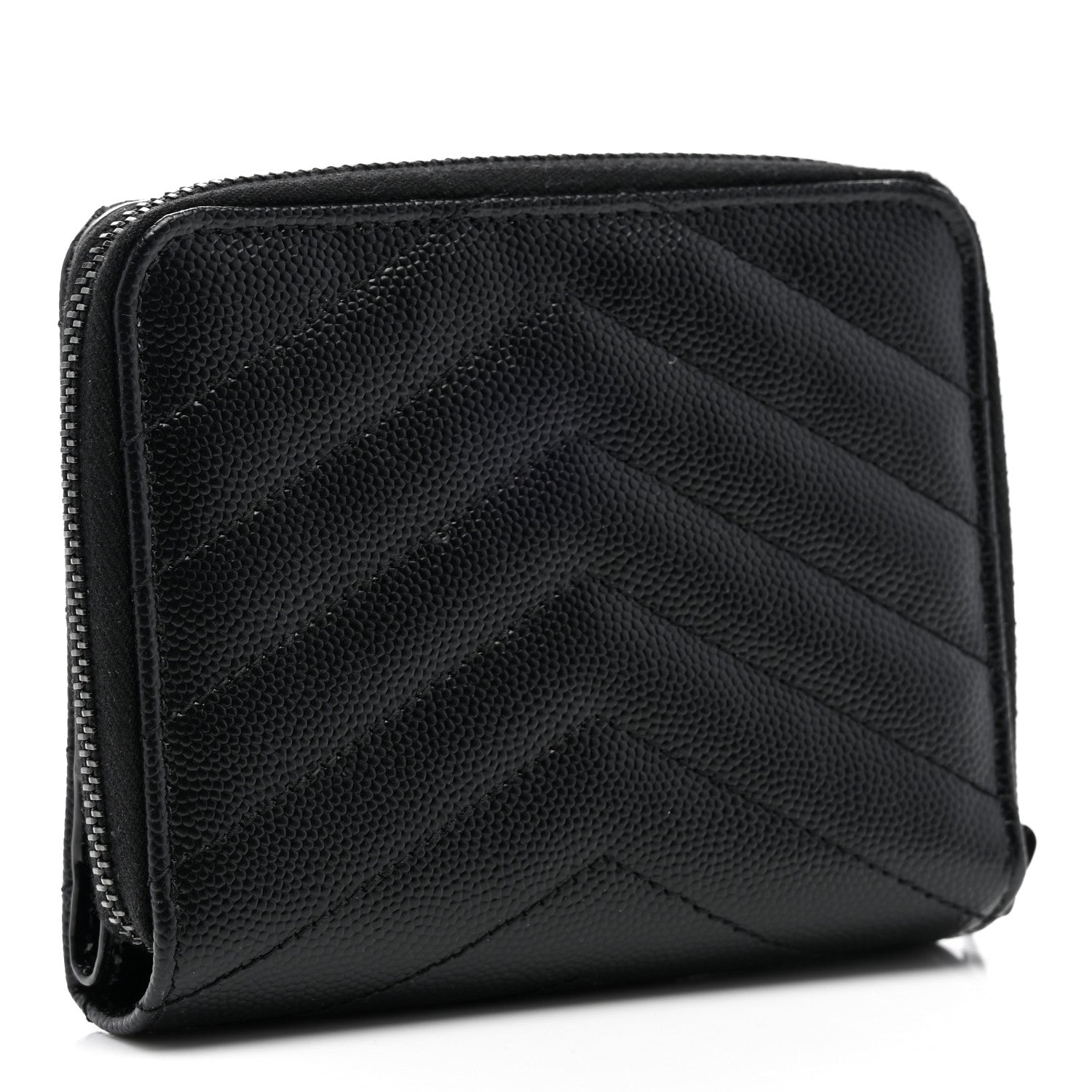 Saint Laurent Grain De Poudre Matelasse Chevron Monogram Monochrome Compact Zip Around Wallet Black 2 of 7