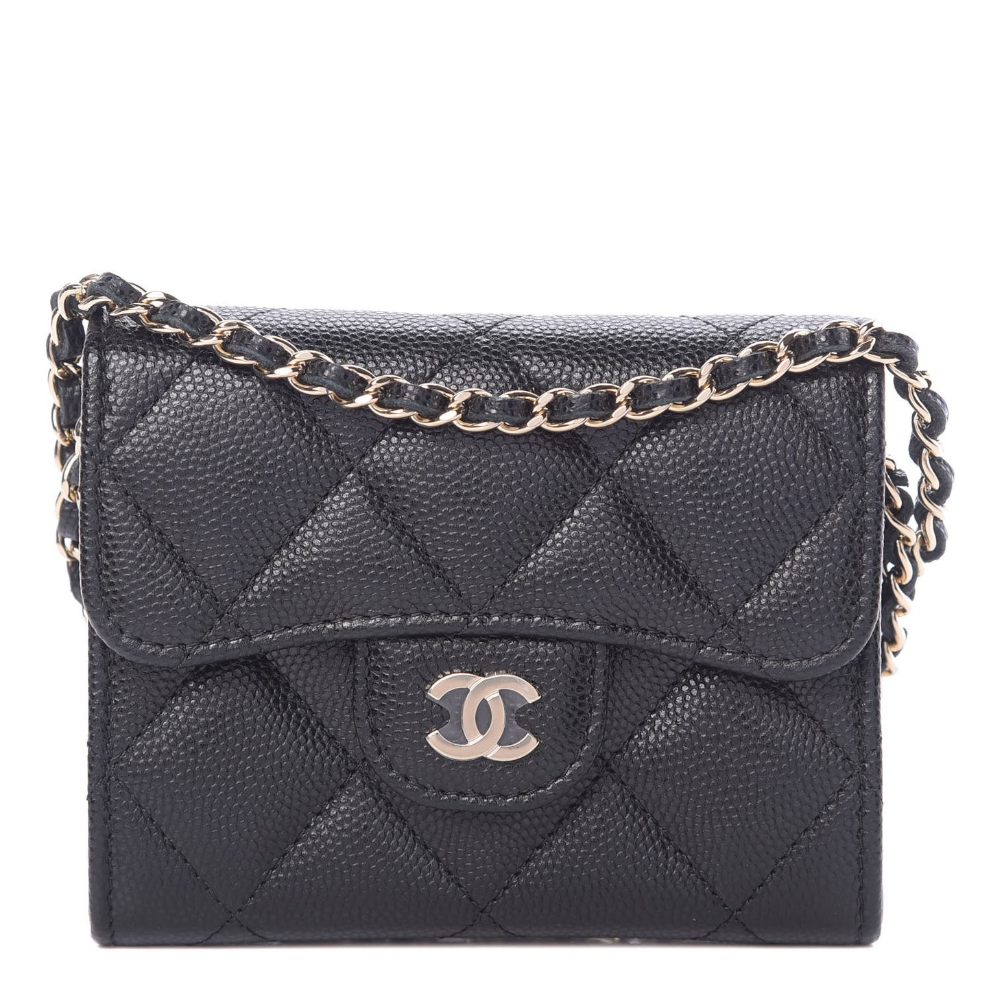 Caviar Quilted Flap Card Holder On Chain Black