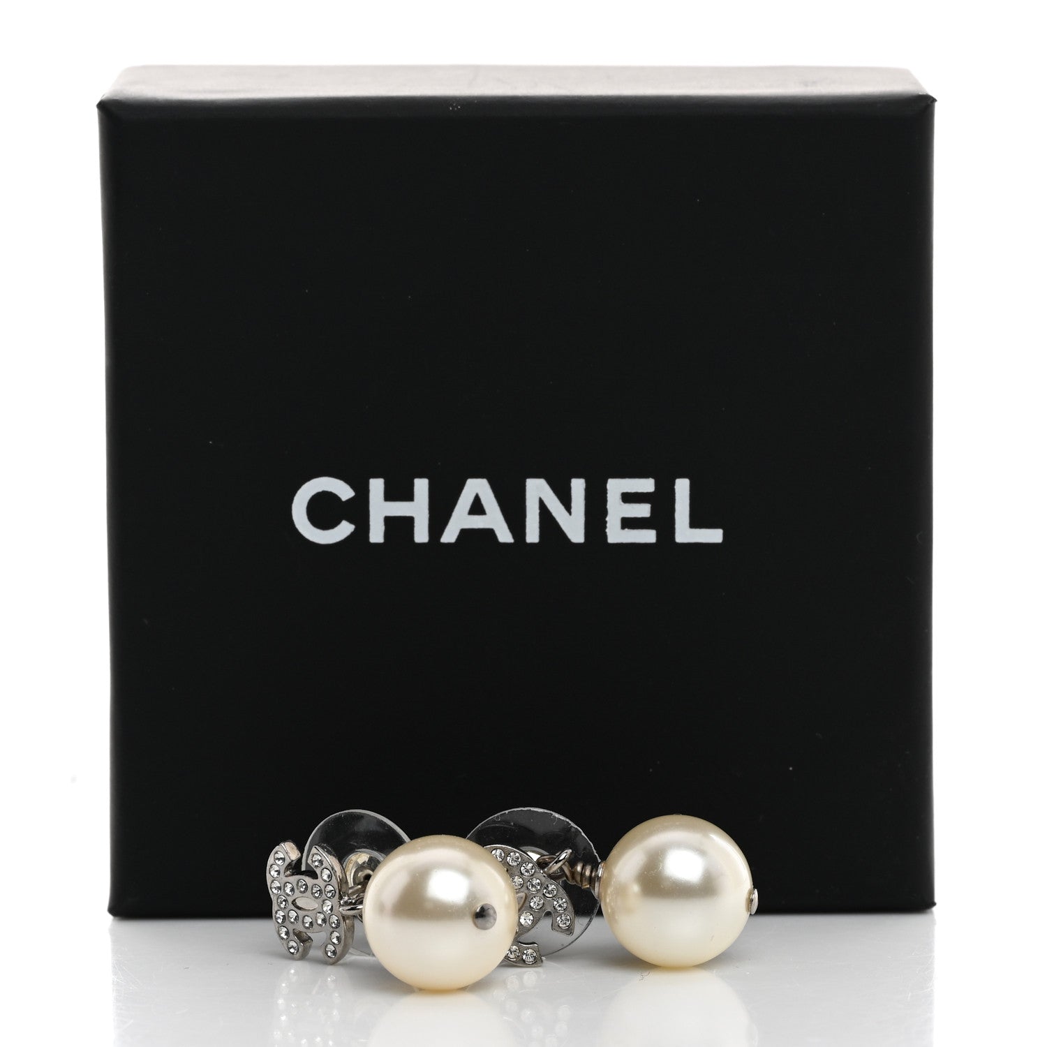 Chanel Pearl Crystal CC Drop Earrings Silver Pearly White 5 of 5