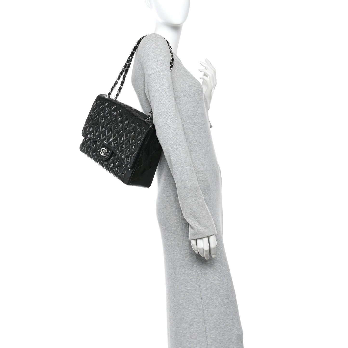 Patent Calfskin Sparkle Quilted Maxi Single Flap Black