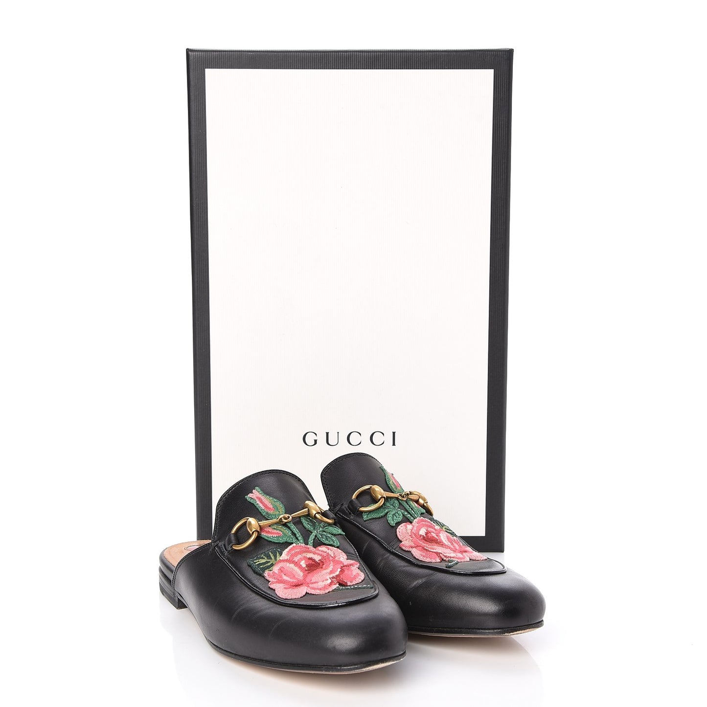 Calfskin Flower Embroidered Princetown Slippers 36.5 Black
