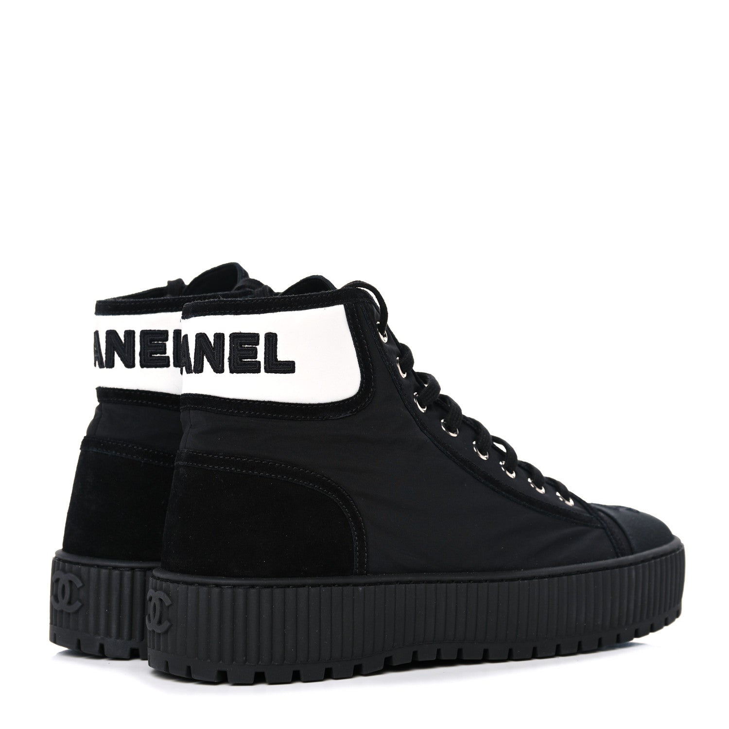 Chanel Fabric Suede Kidskin Grosgrain Lace Up Cap Toe Sneakers 38.5 Black White 4 of 9