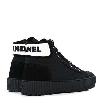 Chanel Fabric Suede Kidskin Grosgrain Lace Up Cap Toe Sneakers 38.5 Black White 4 of 9