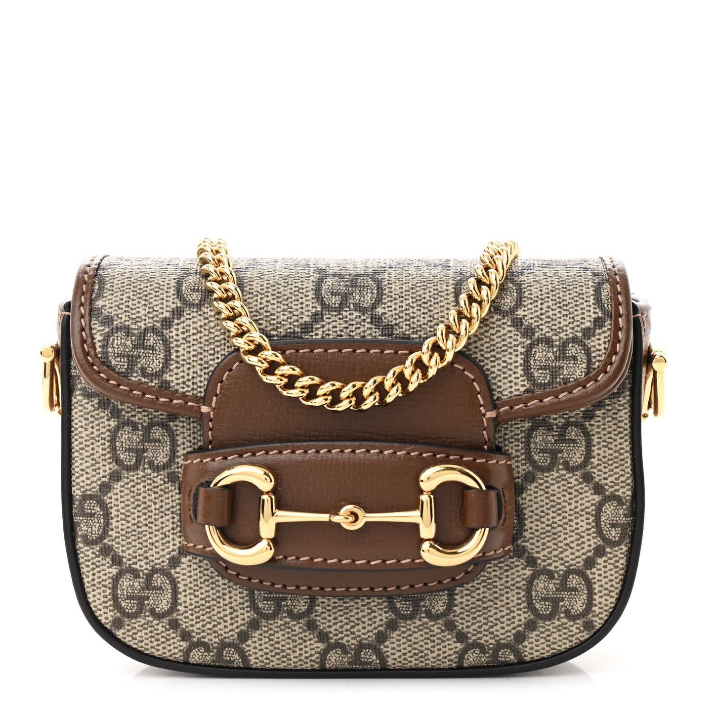 GG Supreme Monogram Azalea Calfskin Web Horsebit 1955 Wallet On Strap Beige Ebony Brown Sugar
