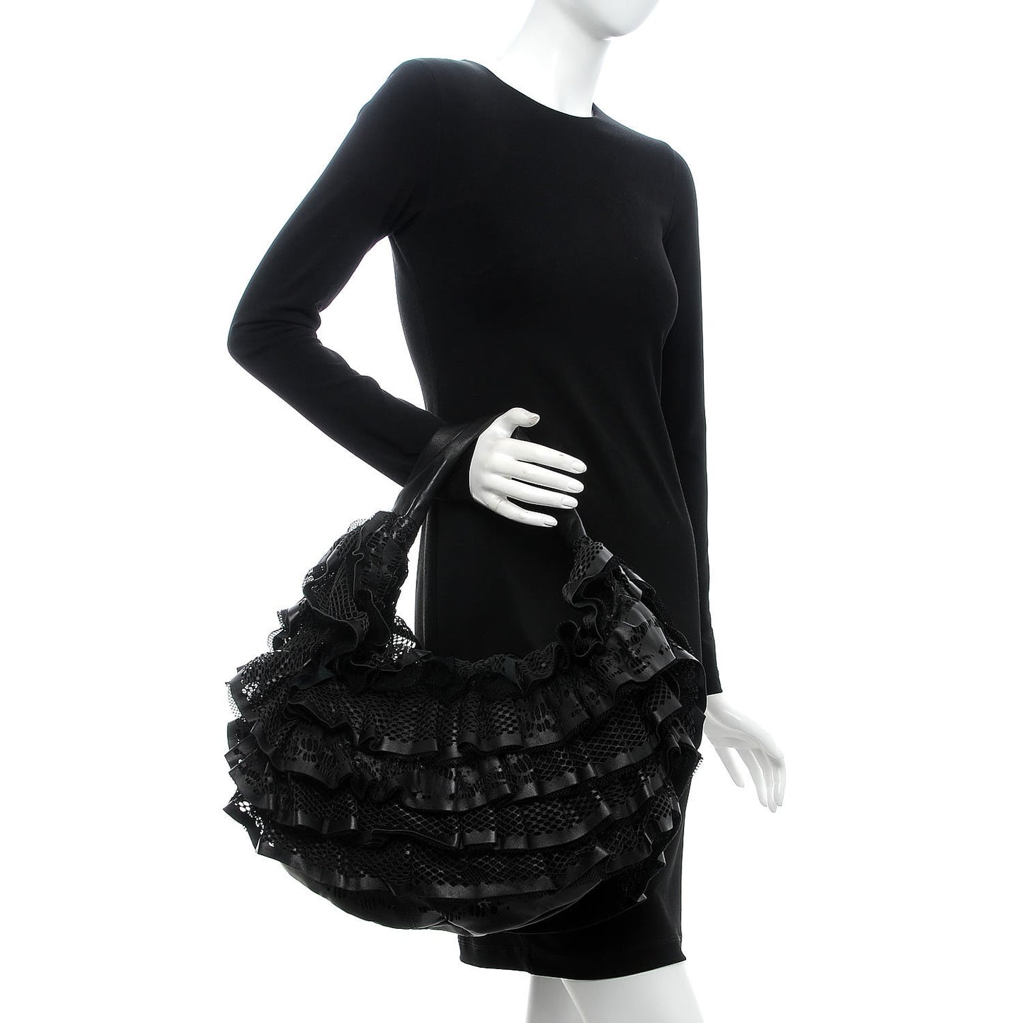 Lambskin Mesh Ruffle Hobo Black
