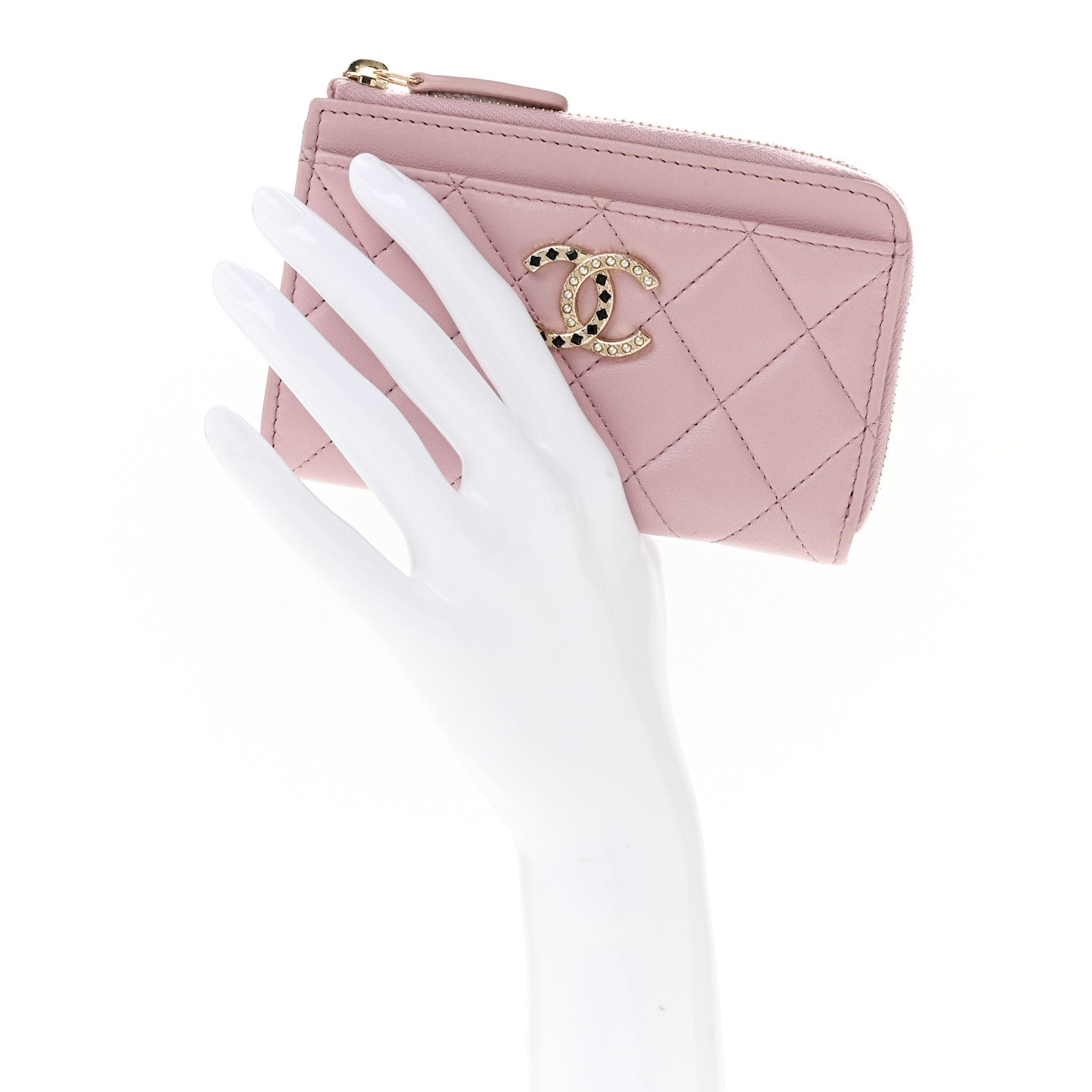 Chanel Lambskin Quilted Pearl Crystal CC Zip Around Card Holder Pink 2 of 10