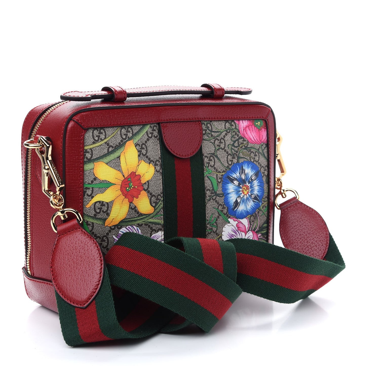 GG Supreme Monogram Flora Web Small Ophidia Top Handle Shoulder Bag Hibiscus Red