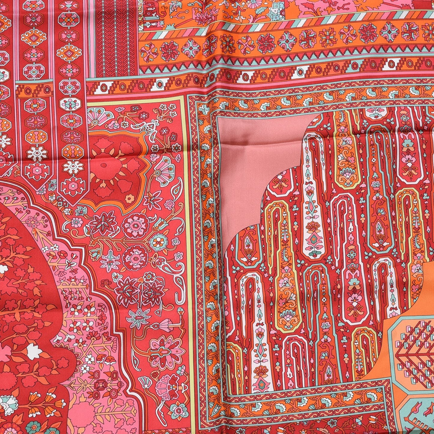 Silk Twill Tapis Persans Giant Plume Scarf 140 Framboise Turquoise Orange
