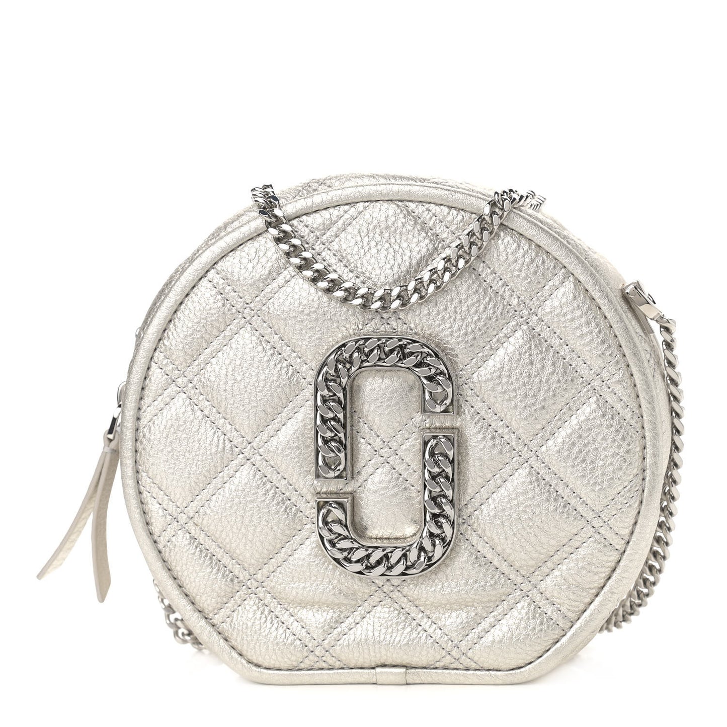 Metallic Grained Calfskin Quilted The Status Round Crossbody Platinum