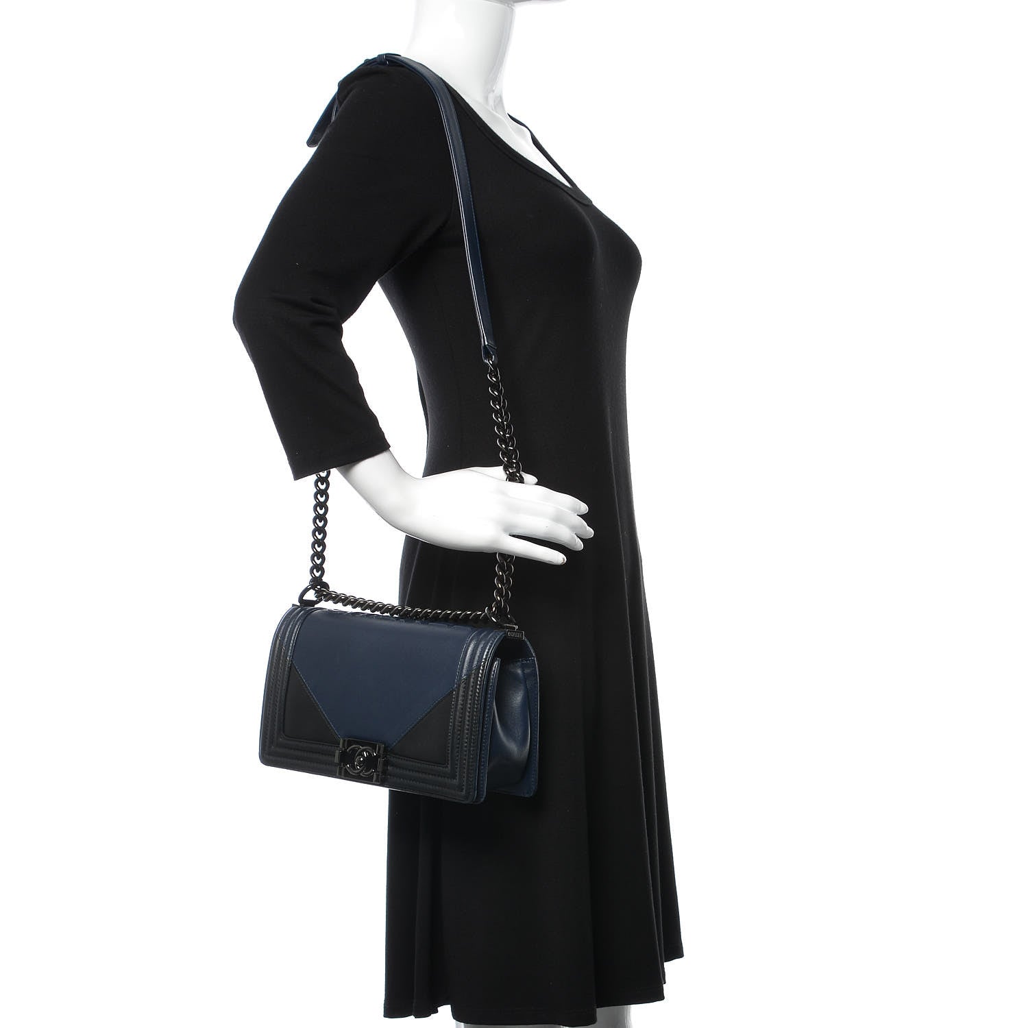 Chanel Calfskin Medium Bi-Color Boy Flap Black Dark Navy 2 of 14