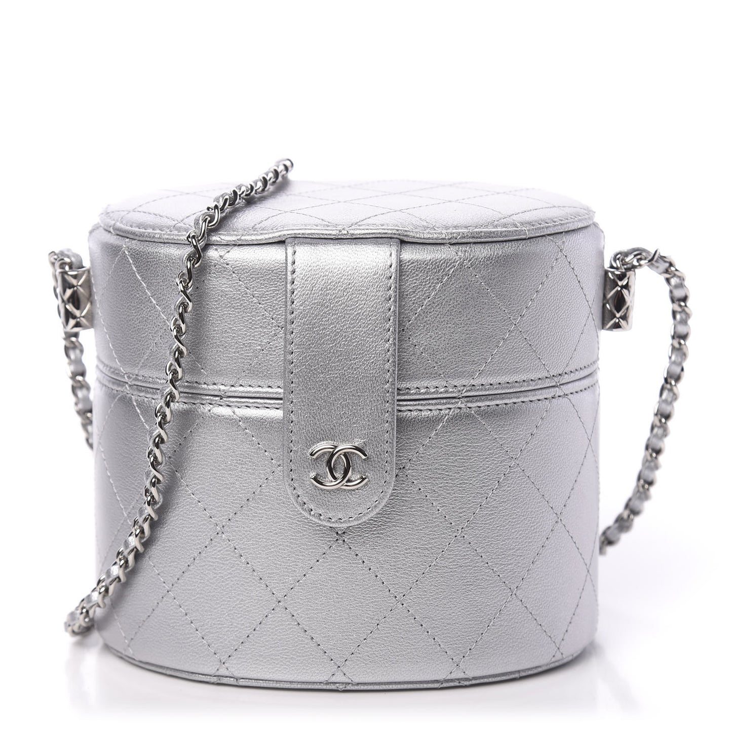 Metallic Lambskin Quilted Round Vanity Case With Chain Silver