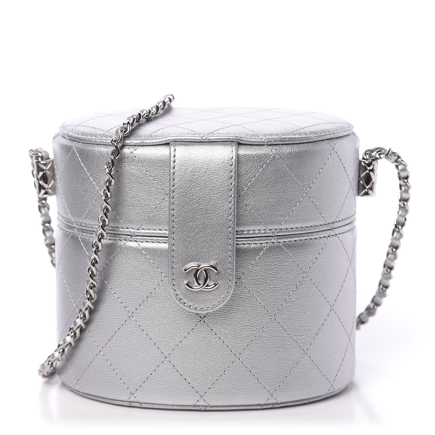 Chanel Metallic Lambskin Quilted Round Vanity Case With Chain Silver 1 of 12