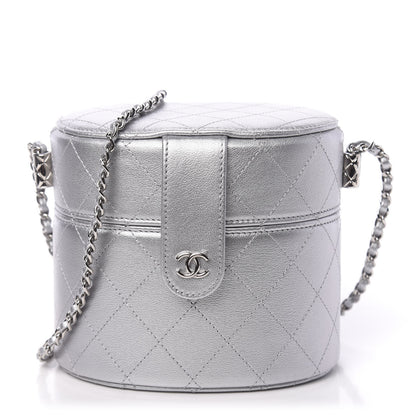 Chanel Metallic Lambskin Quilted Round Vanity Case With Chain Silver 1 of 12