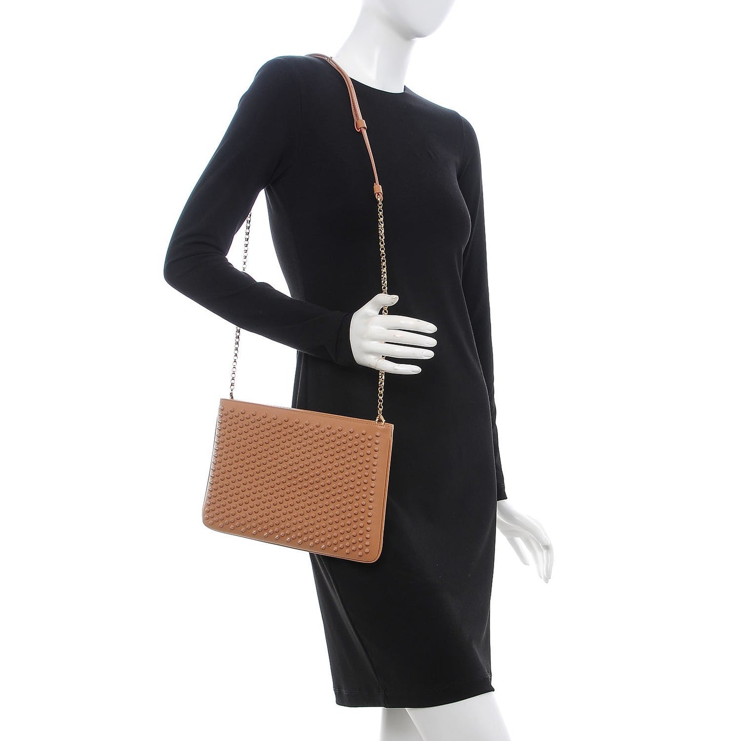 Calfskin Studded Loubiposh Chain Clutch Nude