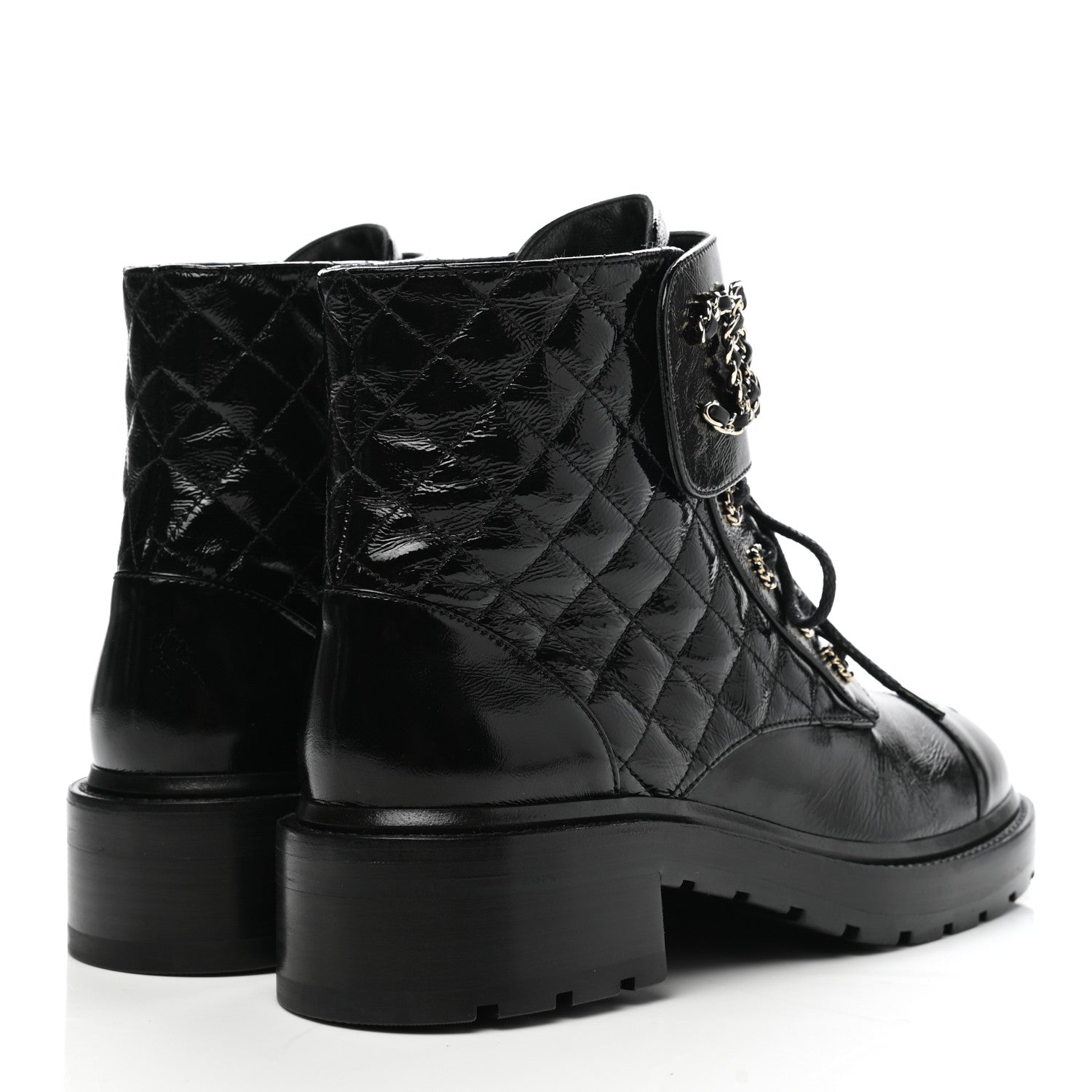 Chanel Shiny Lambskin Quilted Lace Up Combat Boots 40.5 Black 4 of 9