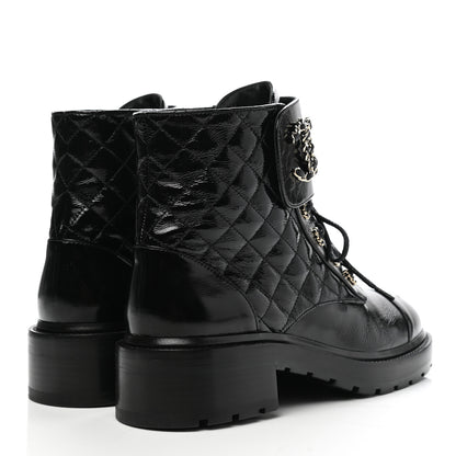 Chanel Shiny Lambskin Quilted Lace Up Combat Boots 40.5 Black 4 of 9