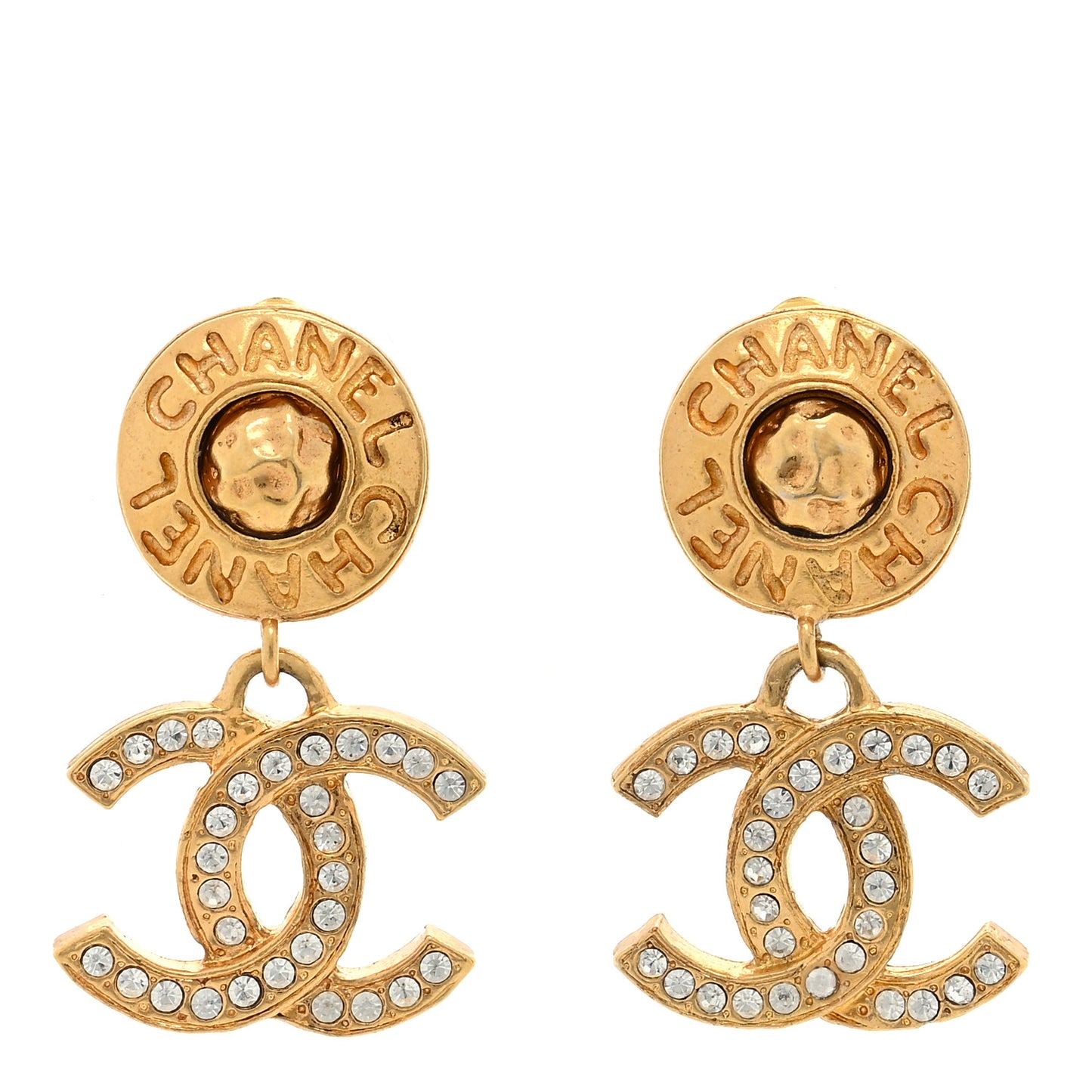 Crystal CC Logo Drop Clip On Earrings Gold