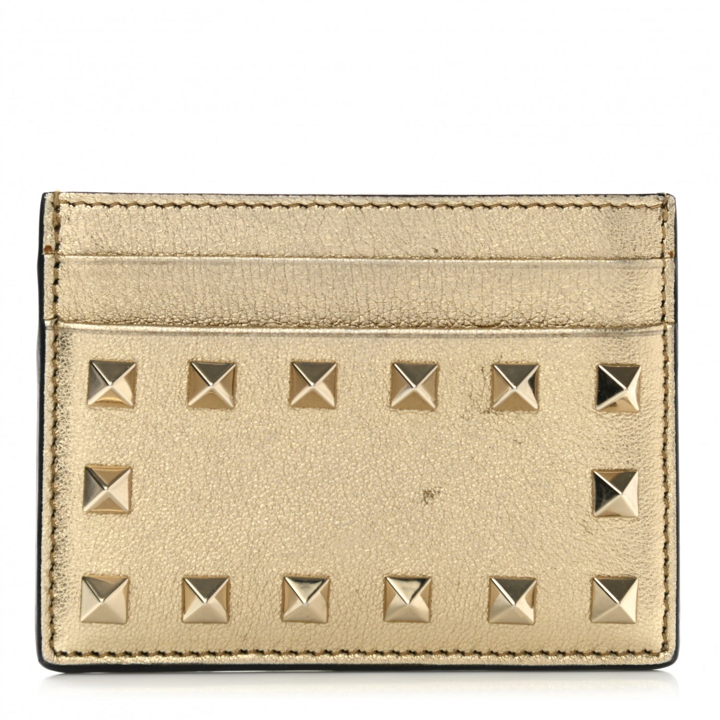 Metallic Pebbled Calfskin Rockstud Card Holder Gold