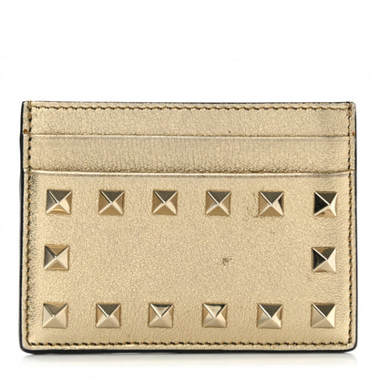 Valentino Garavani Metallic Pebbled Calfskin Rockstud Card Holder Gold 1 of 7