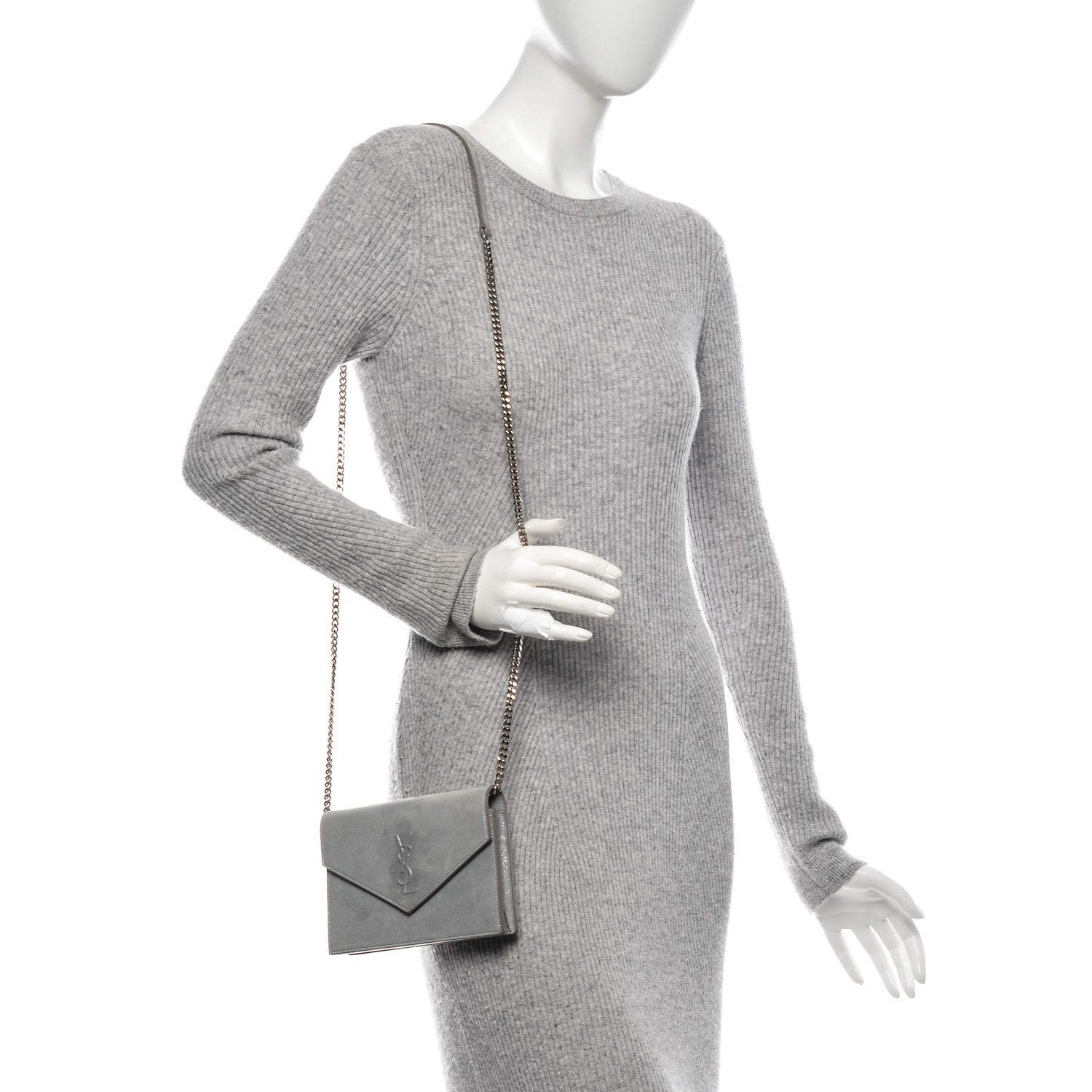 Saint Laurent Metallic Fabric Monogram Envelope Chain Wallet Silver 2 of 7