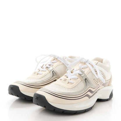 Chanel Fabric Laminated Calfskin Stretch CC Womens Sneakers 38 Ivory White Silver 3 of 8