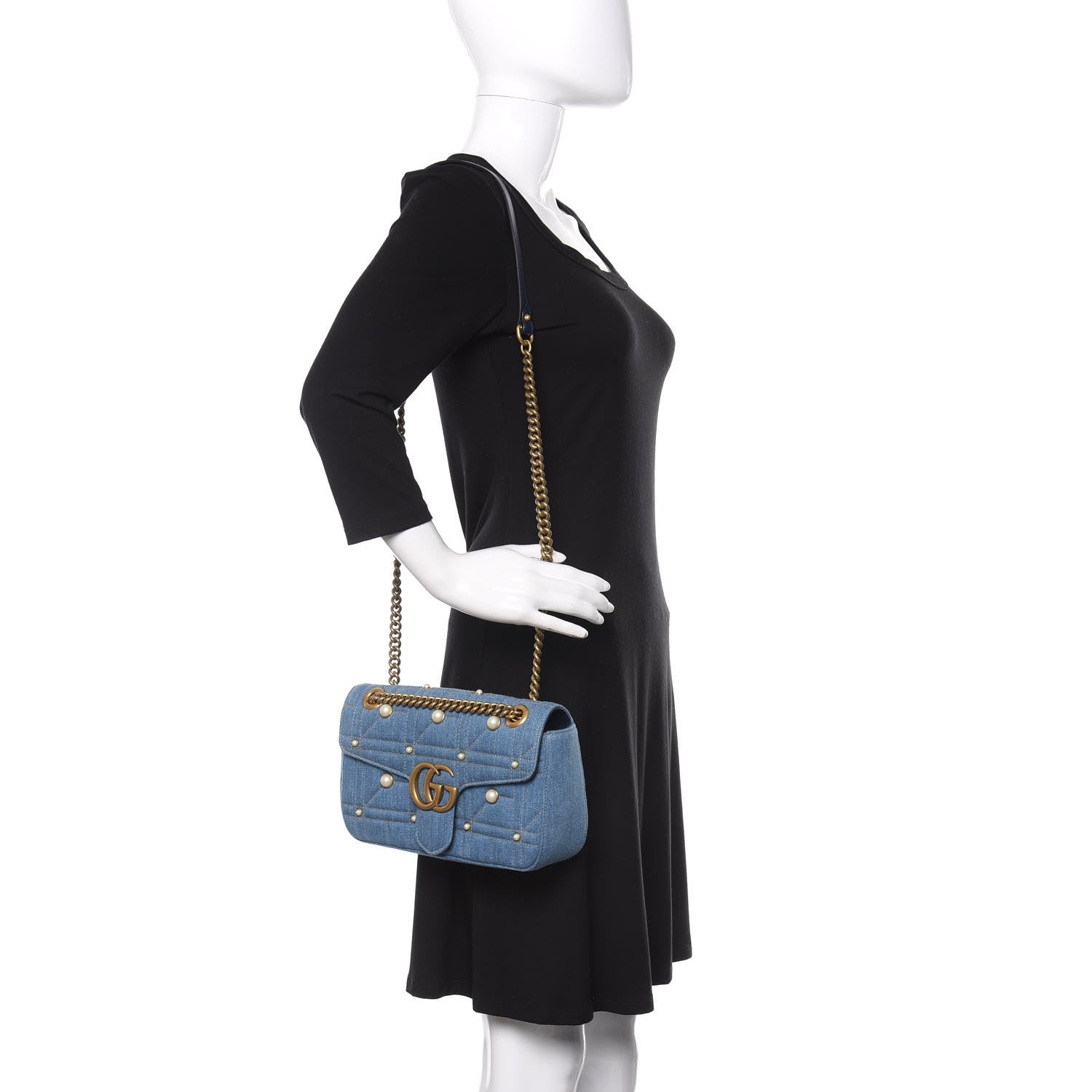 Gucci Denim Matelasse Pearl Studded Small GG Marmont Shoulder Bag Blue 2 of 11