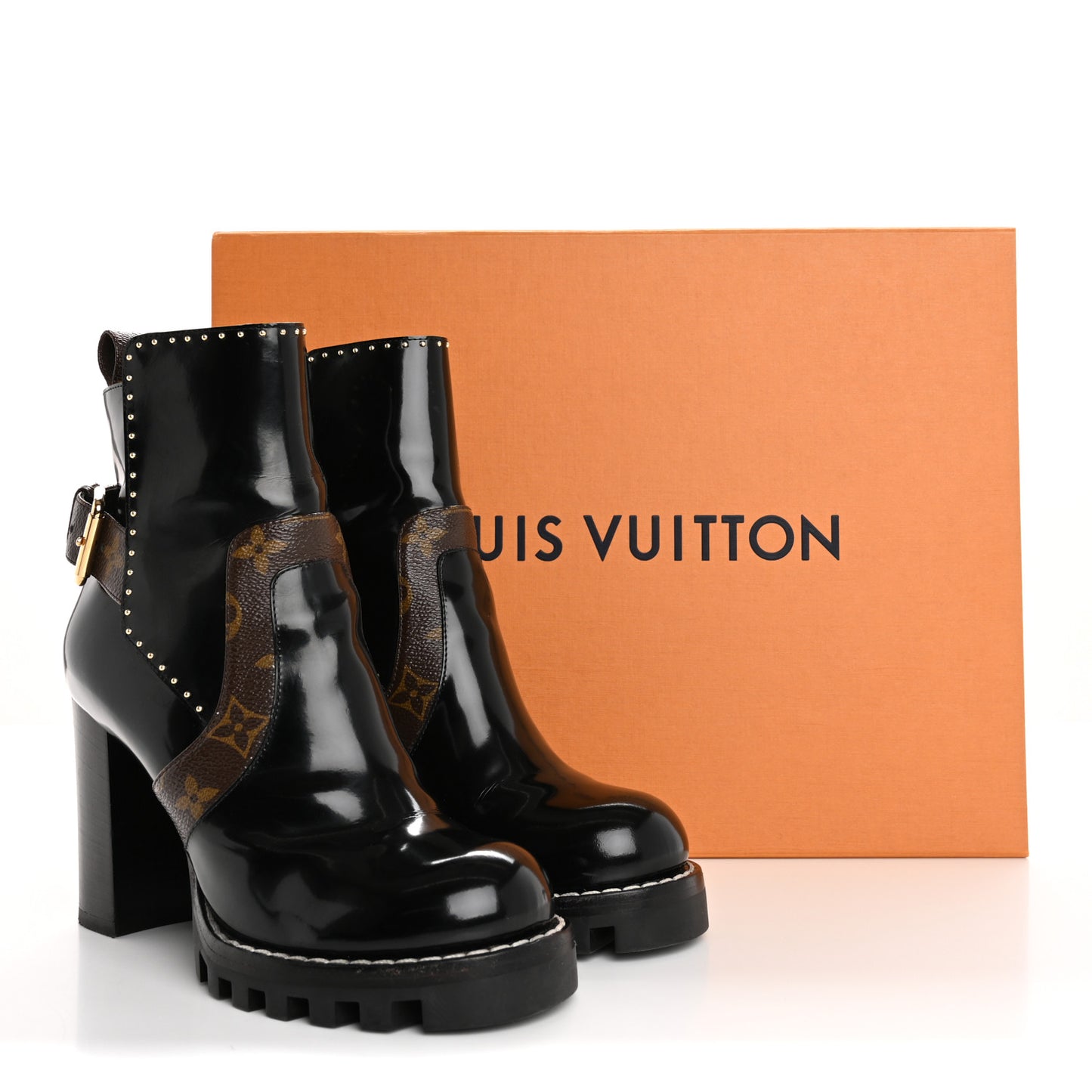 Glazed Calfskin Monogram Embellished Star Trail Ankle Boots 37.5 Black