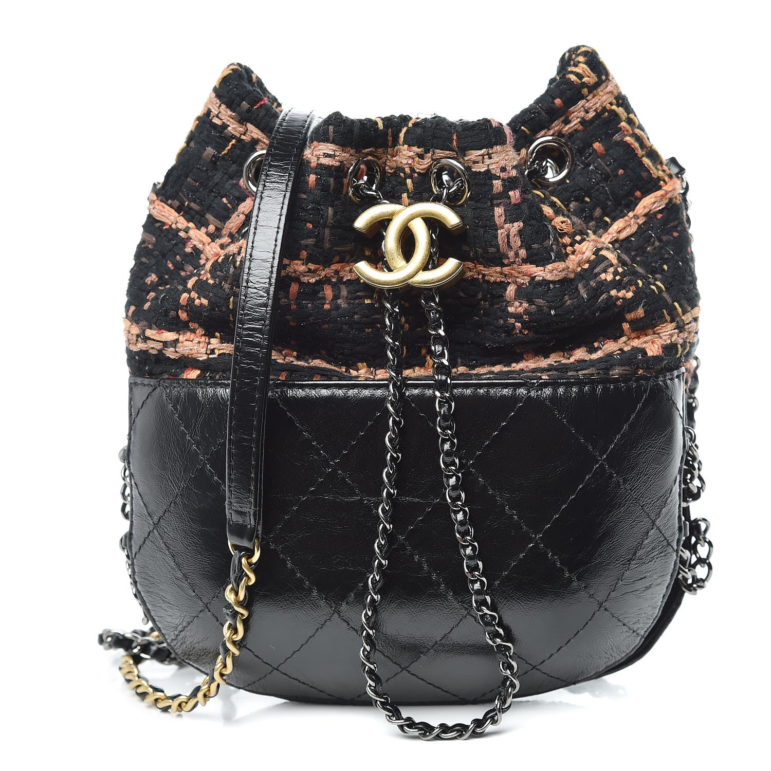 Chanel Tweed Calfskin Quilted Small Gabrielle Bucket Black Brown Orange 1 of 15