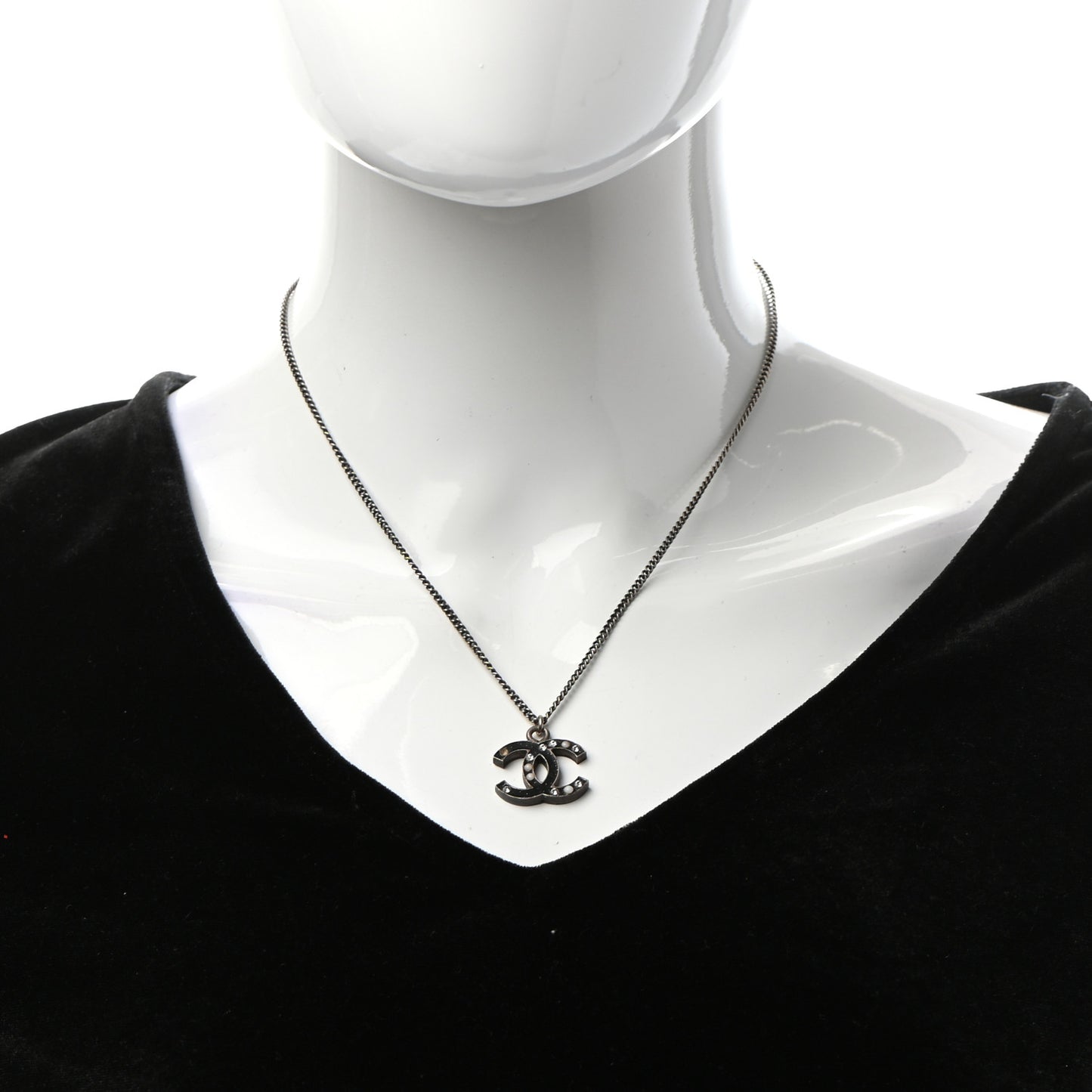Enamel Crystal Pearl CC Pendant Necklace Ruthenium