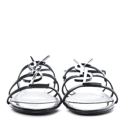 Saint Laurent Patent Calfskin Cassandra Monogram Sandals 37.5 Black 2 of 10
