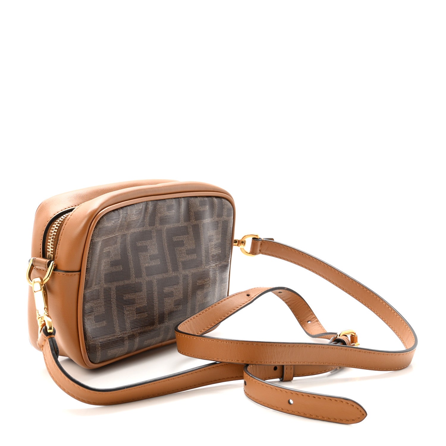 Fendi Glazed Fabric Vitello Century FF 1974 Stamp Patch Mini Camera Case Mogano Panna Caramello 3 of 10