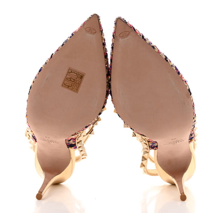Valentino Garavani Metallic Nappa Tweed Rockstud Ankle Strap 100mm Pumps 40 Gold Multicolor 5 of 10