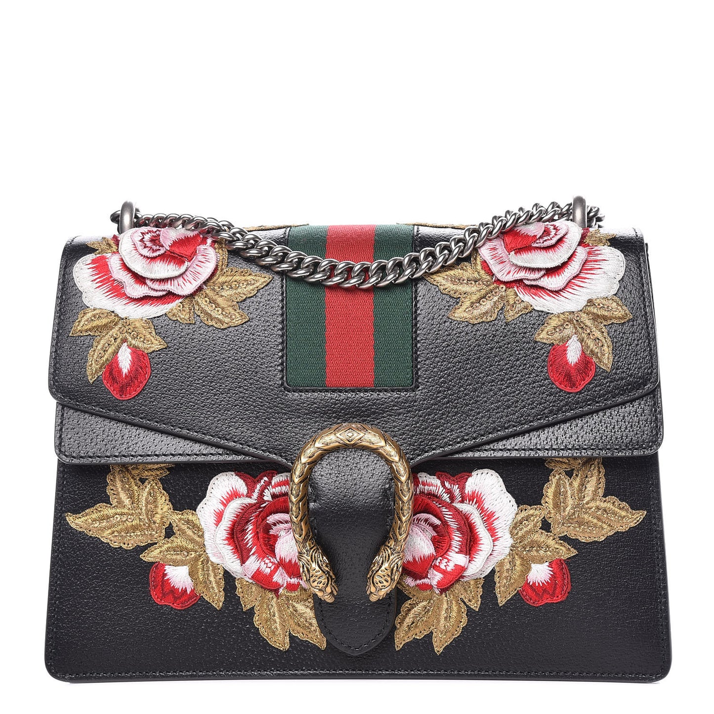 Calfskin Web Floral Embroidered Medium Dionysus Shoulder Bag Black
