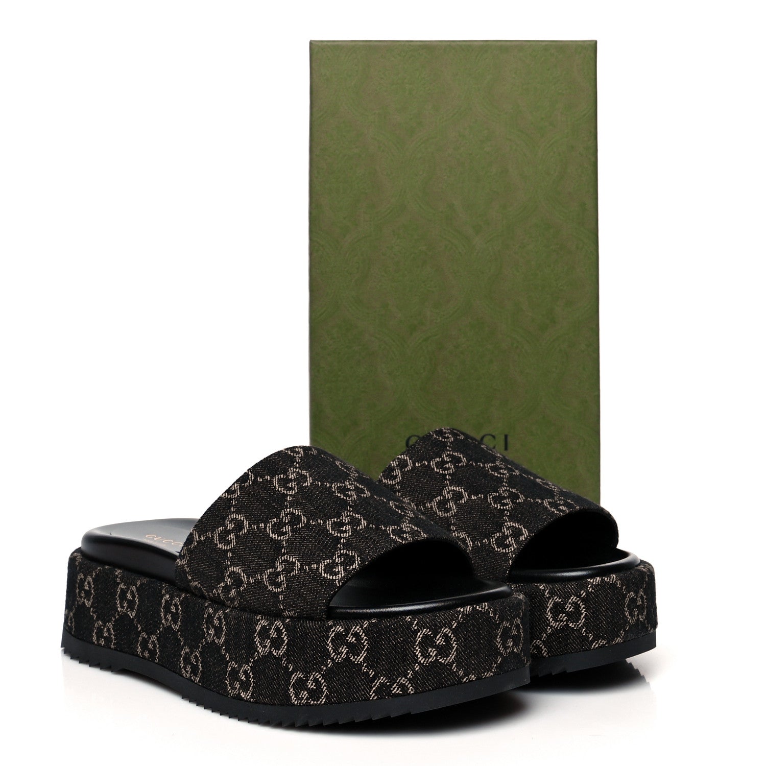Gucci Jacquard Black Denim GG Monogram Angelina Platform 55mm Slide Sandals 38.5 Black Ivory 9 of 9