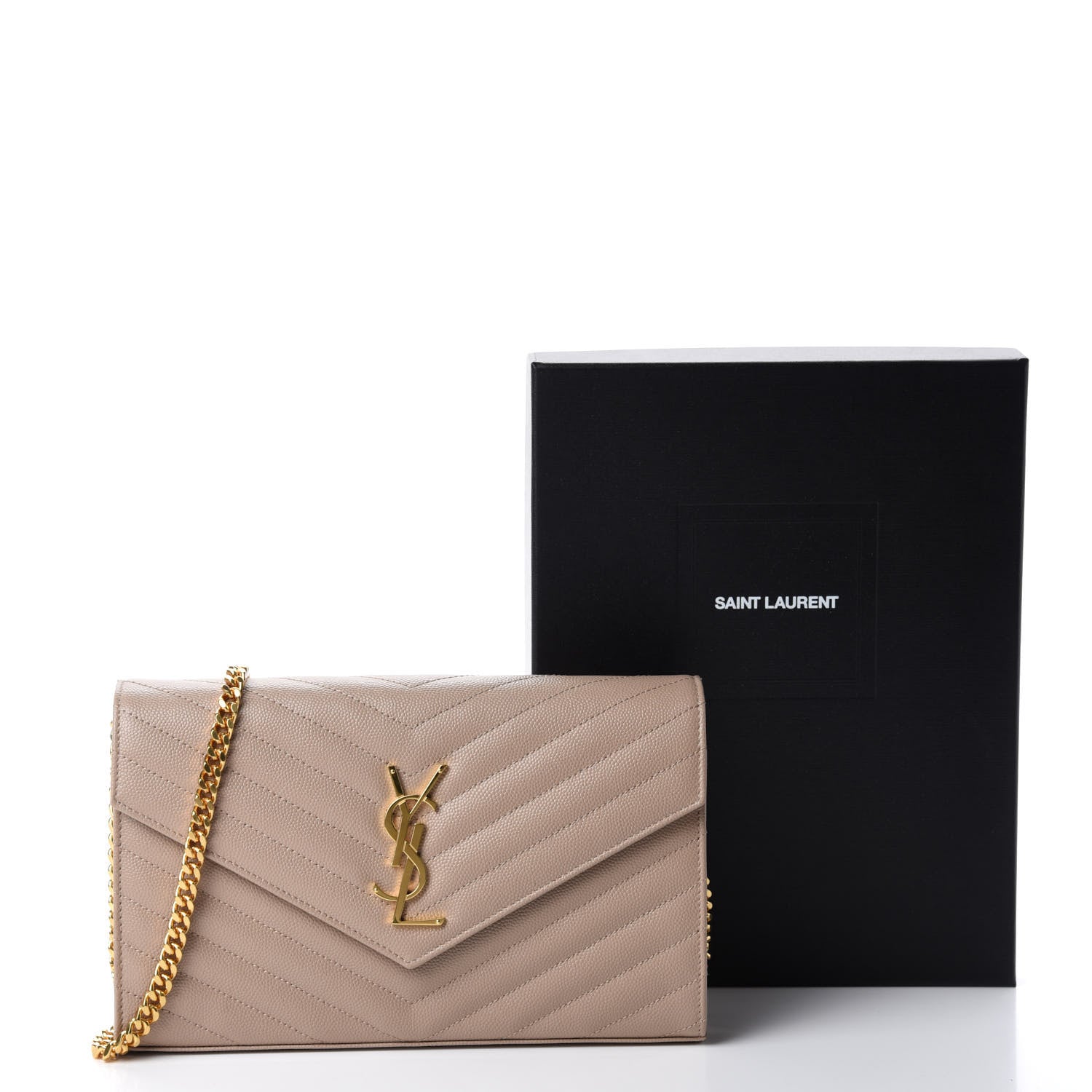 Saint Laurent Grain De Poudre Matelasse Chevron Monogram Walllet on Chain Dark Beige 11 of 11