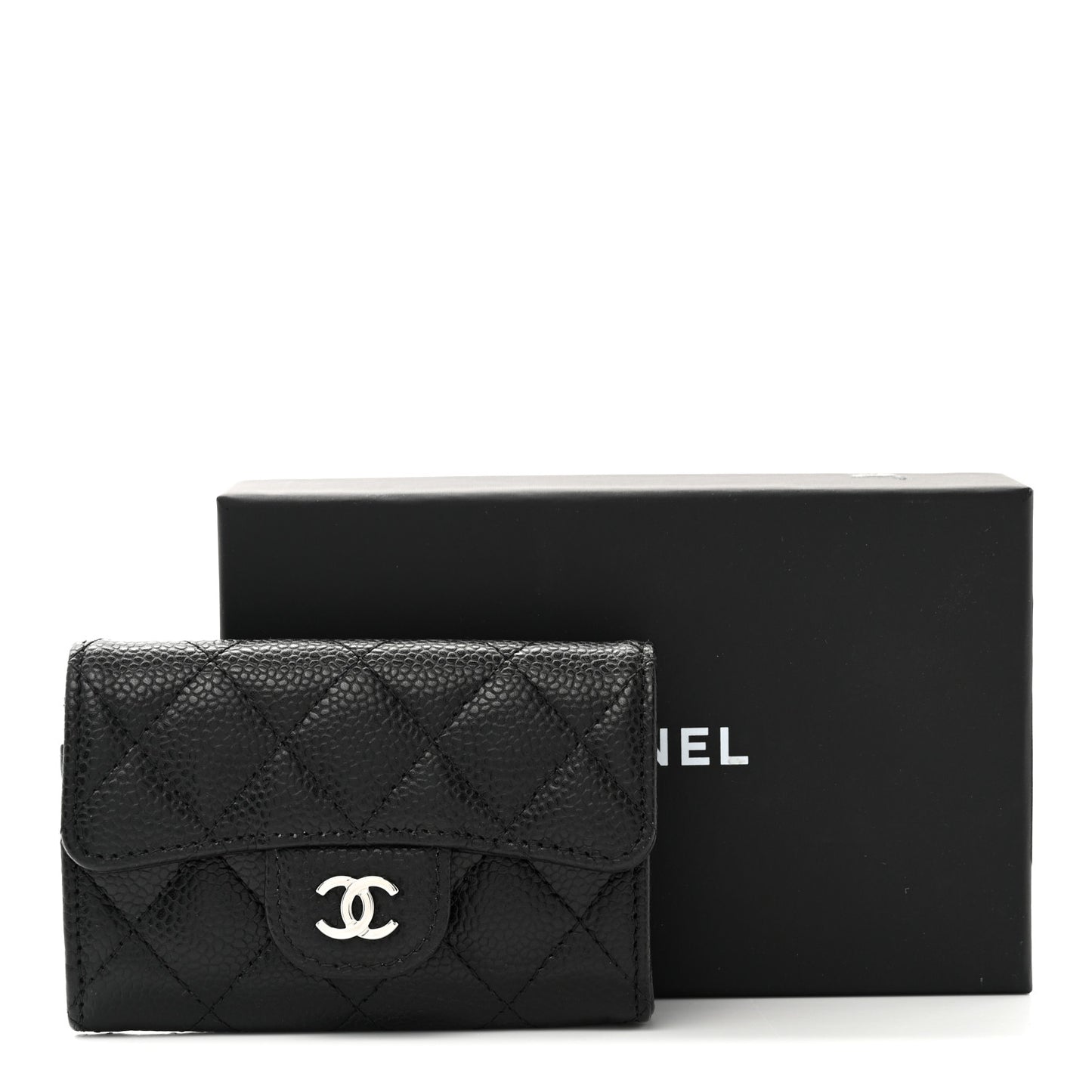 Caviar Quilted Flap Card Holder Wallet Black